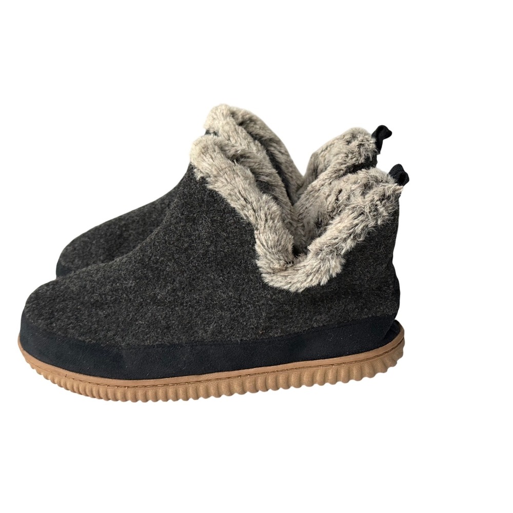Dearfoams Deluxe Womens Slipper Boots Charcoal Grey Faux Fur‎ Trim Medium 7-8
